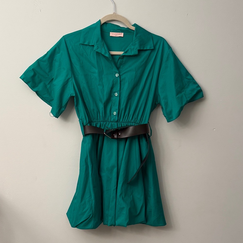 Emerald Button-Up Mini Dress with Belt